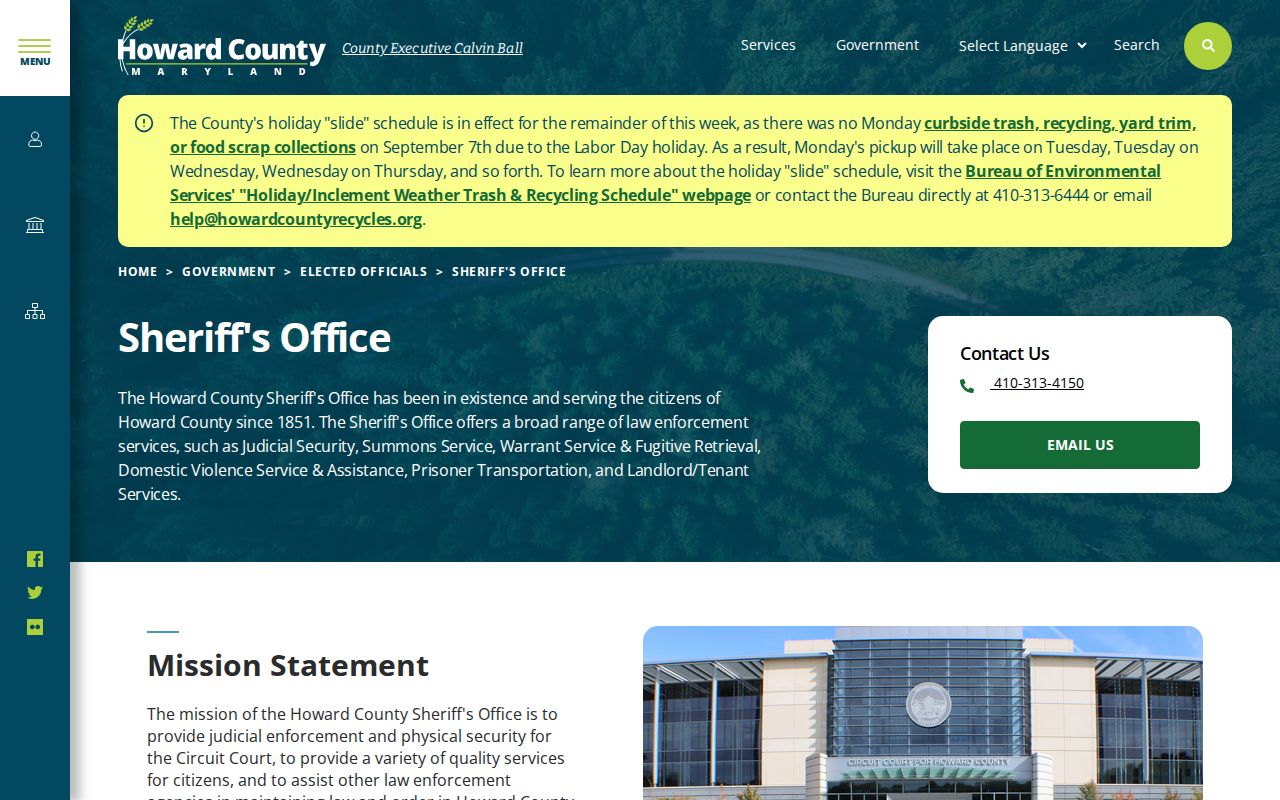Howard County Sheriff page explaining judicial warrant and prisoner transport duties