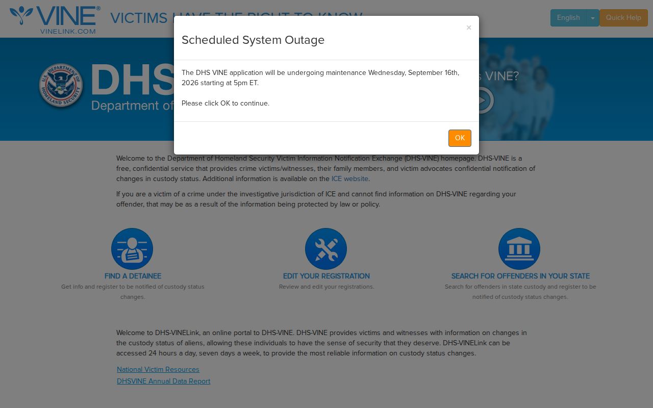 DHS VINE federal immigration custody notification page